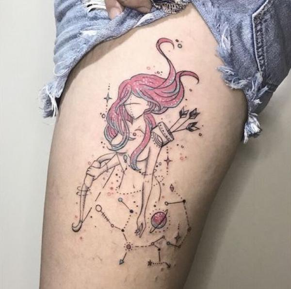 Sagittarius girl thigh tattoo