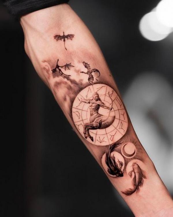Sagittarius with Pisces and crescent tattoo