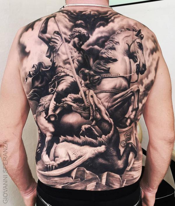 Saint George and the dragon back tattoo