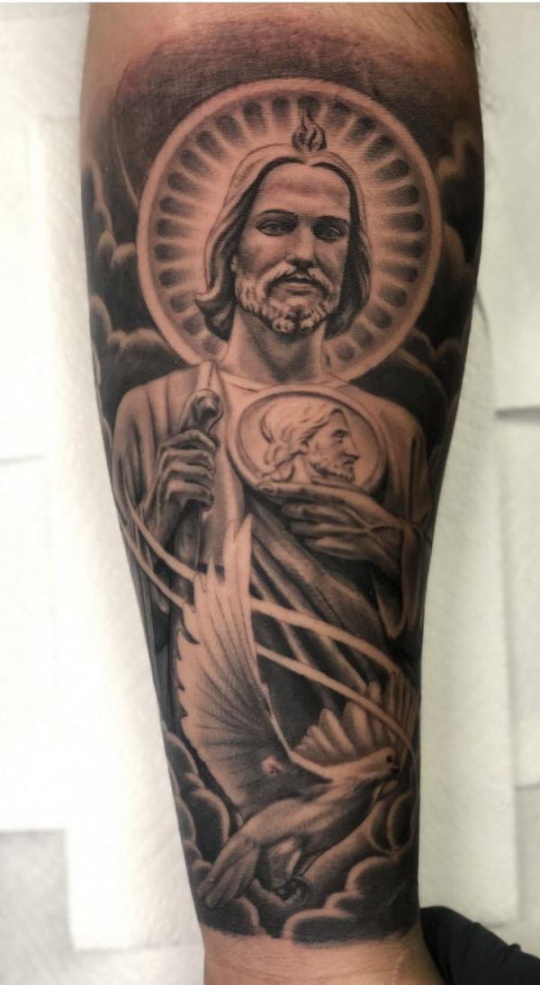 Saint Judas and dove tattoo