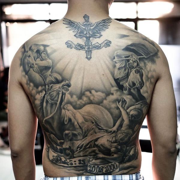 Saint paul fighting full back tattoo