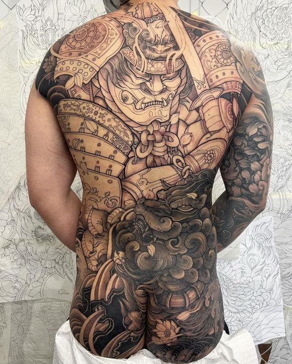 Samurai and foo dog back tattoo