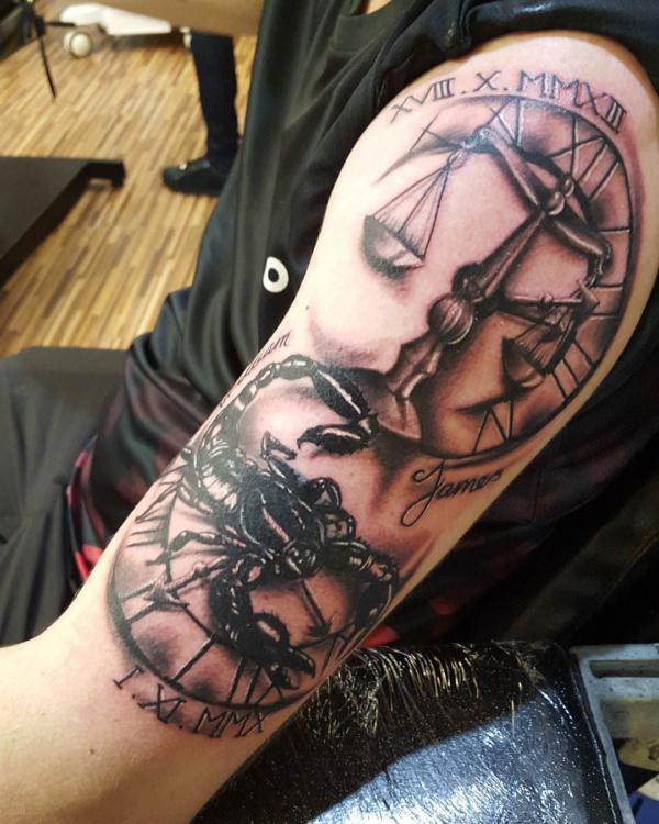 Scorpion and Libra clock tattoo