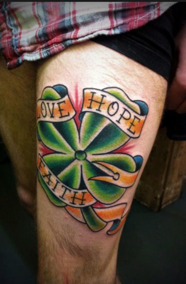 Shamrock tattoo with words Love Hope Faith