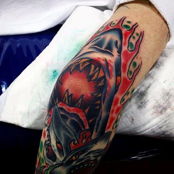 Shark head elbow tattoo traditional