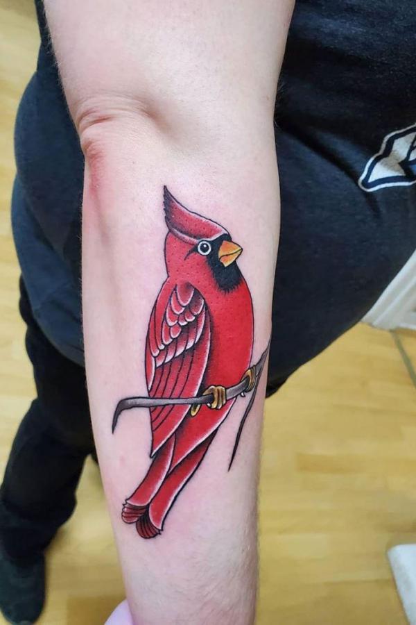Single cardinal back of forearm tattoo