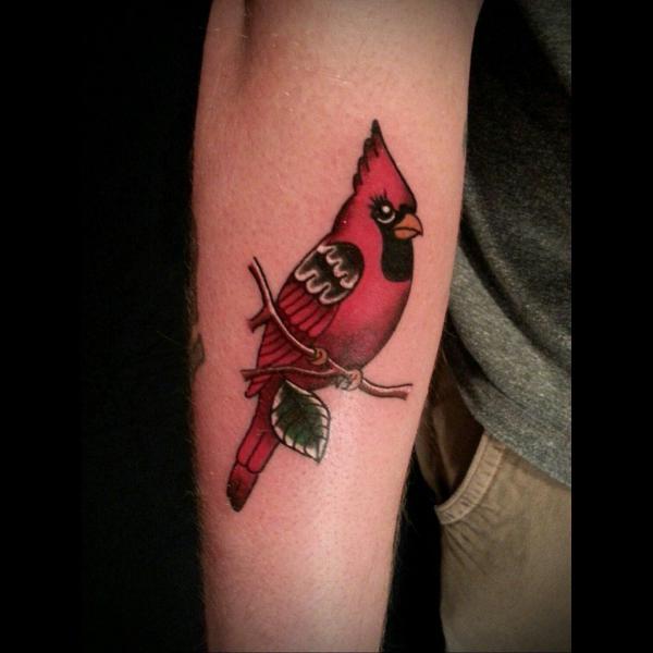 Single cardinal on branch forearm tattoo