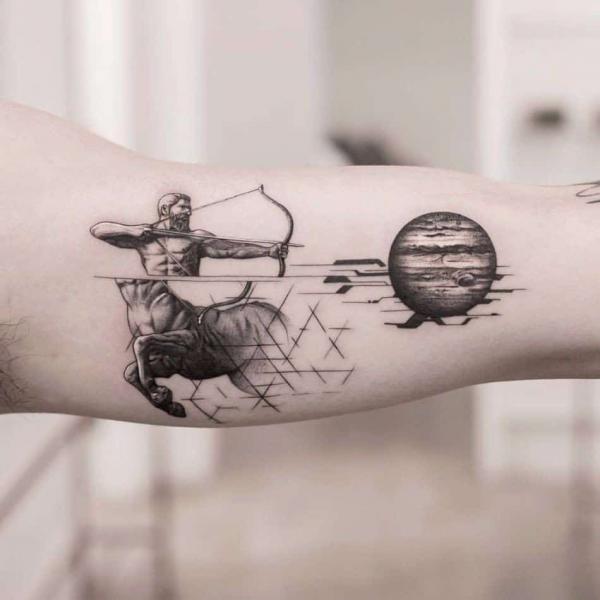 Split Sagittarius centaur and Jupiter tattoo
