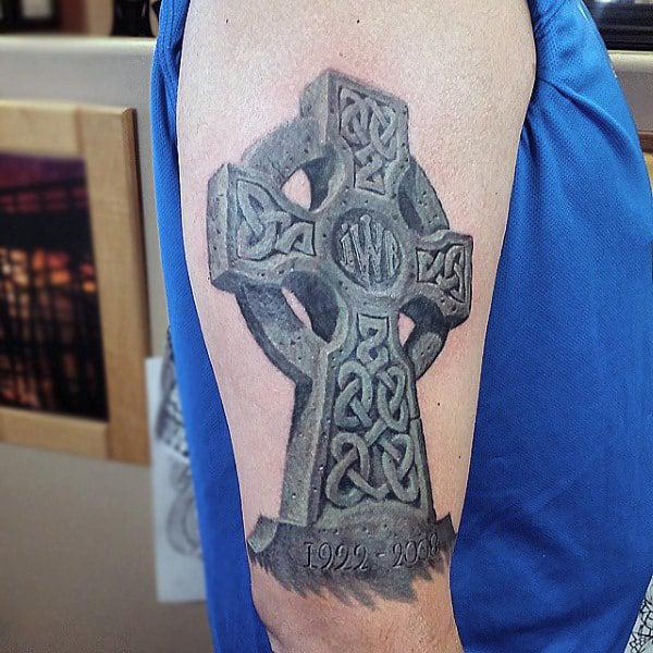 Stone 3D Celtic cross with year tattoo