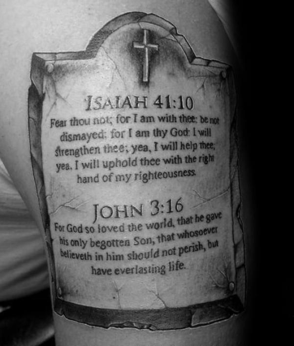 Stone tablet with ISAIAH 41 10 and john 3 16 tattoo black and grey