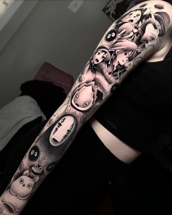 Studio ghibli with No Face tattoo sleeve