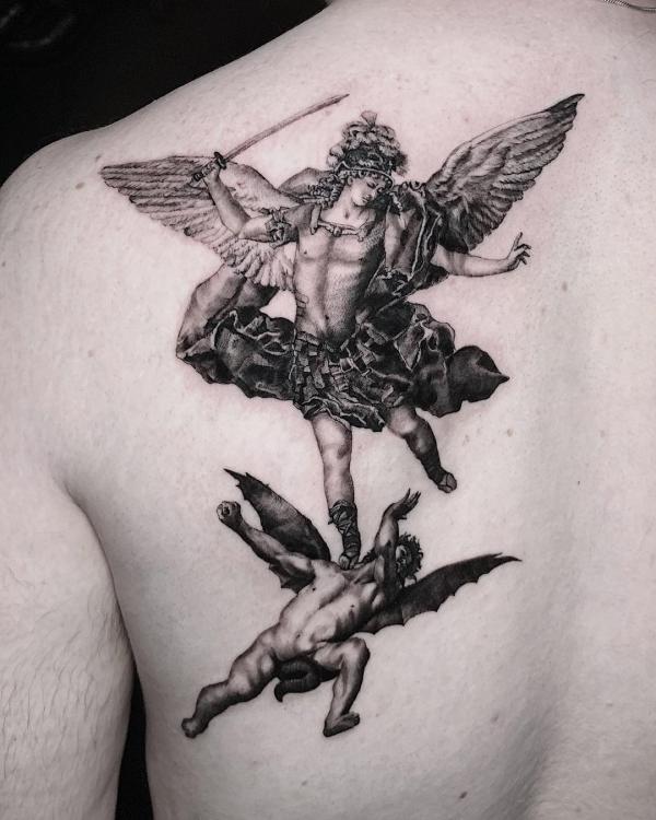 The Fall of the Rebel Angels tattoo black and white