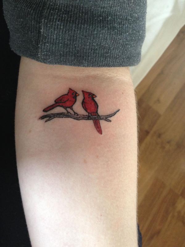 Tiny two cardinal inner elbow tattoo