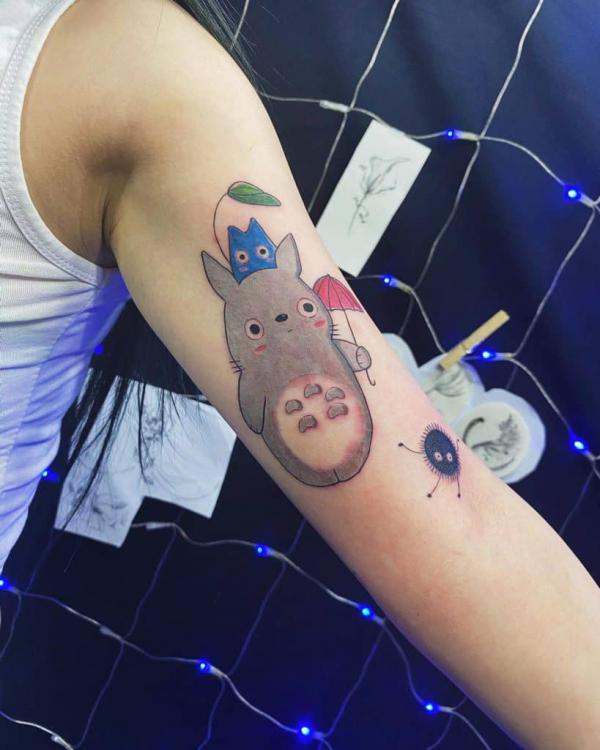 Totoro and Susuwatari bicep tattoo
