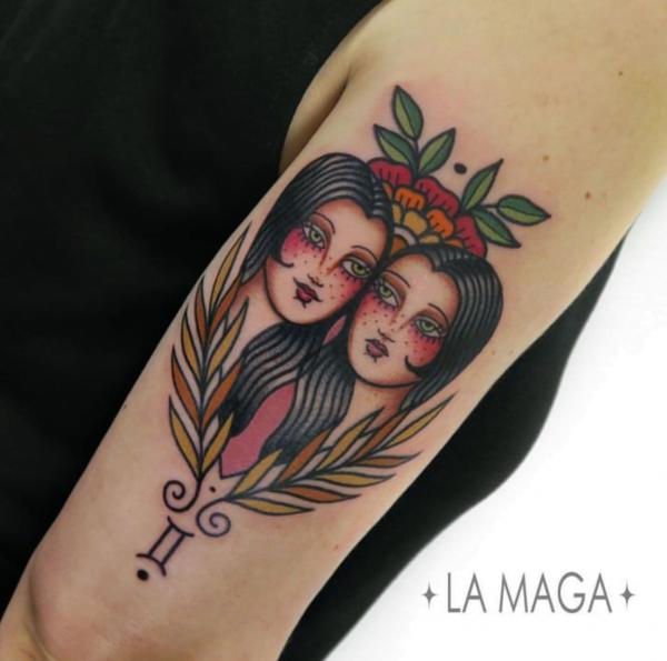 Traditional Gemini twin girls tattoo