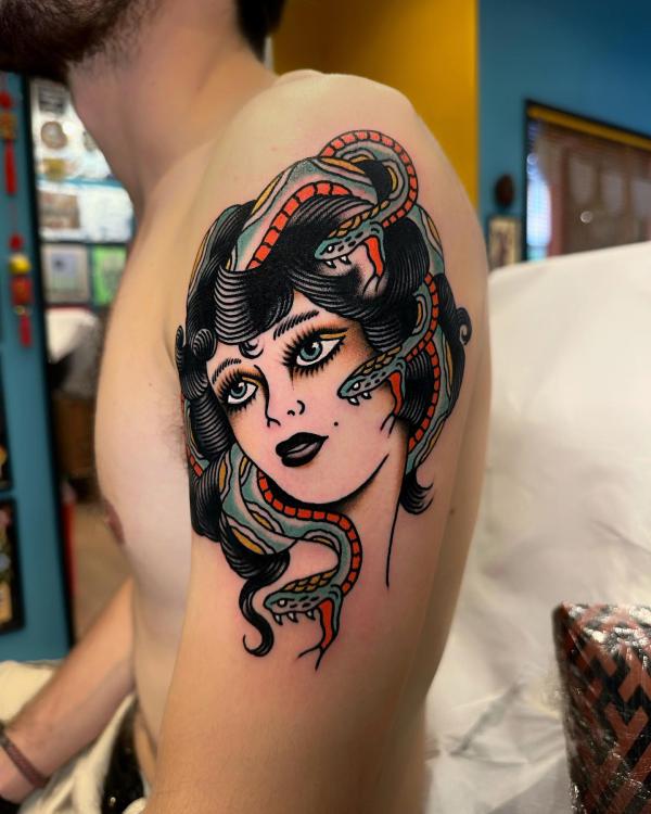 Traditional Medusa shoulder tattoo