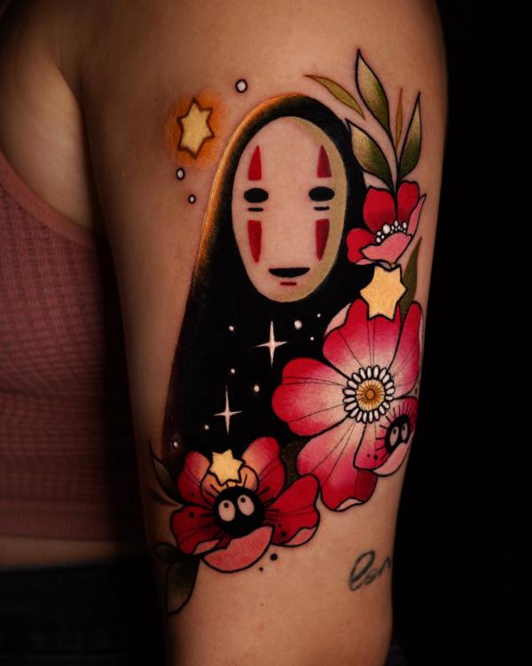 Traditional No Face and cherry blossom tattoo