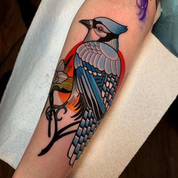 Traditional blue jay and sun tattoo on forearm