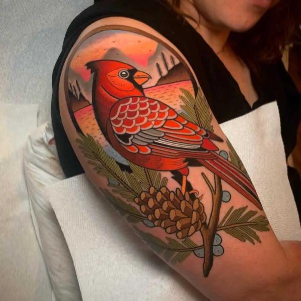 Traditional cardinal and mirror of landscape tattoo half sleeve