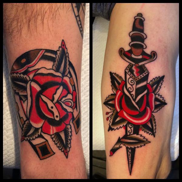Traditional horseshoe and dagger with rose matching tattoo