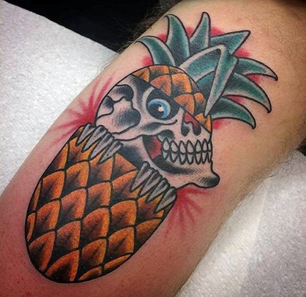 Traditional pineapple skull tattoo