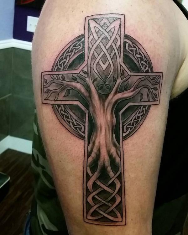 Tree of life Celtic cross upper arm tattoo