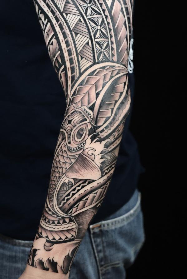 Tribal full sleeve with koi fish tattoo