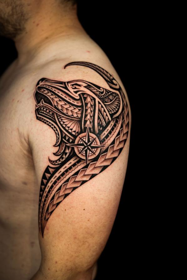 Tribal wolf with compass quater sleeve tattoo