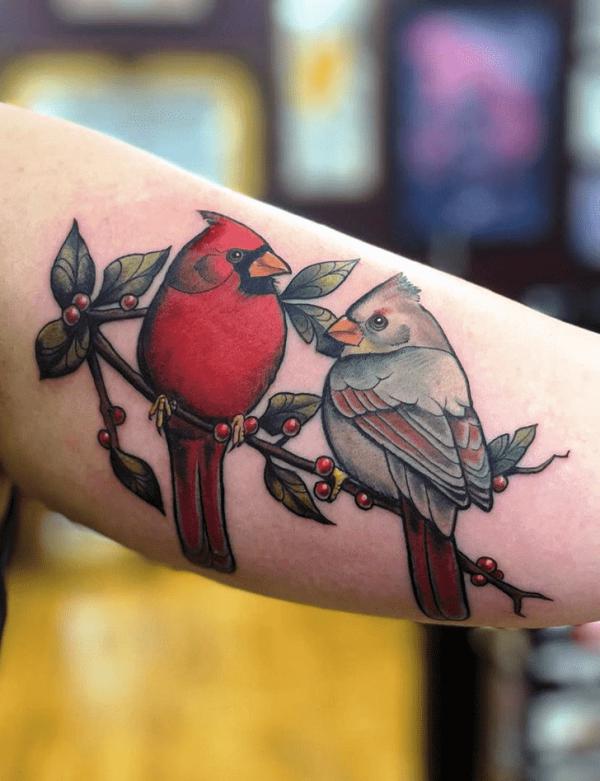 Two Northern cardinal tattoo on arm