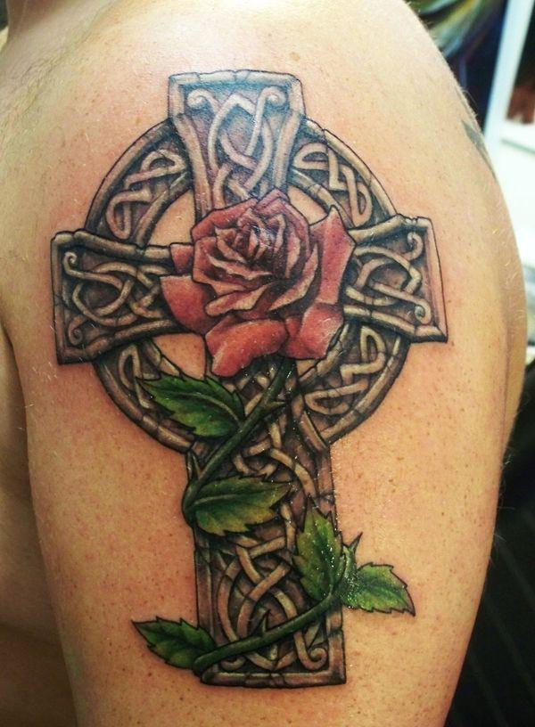 Vintage Celtic cross and rose with thorns tattoo