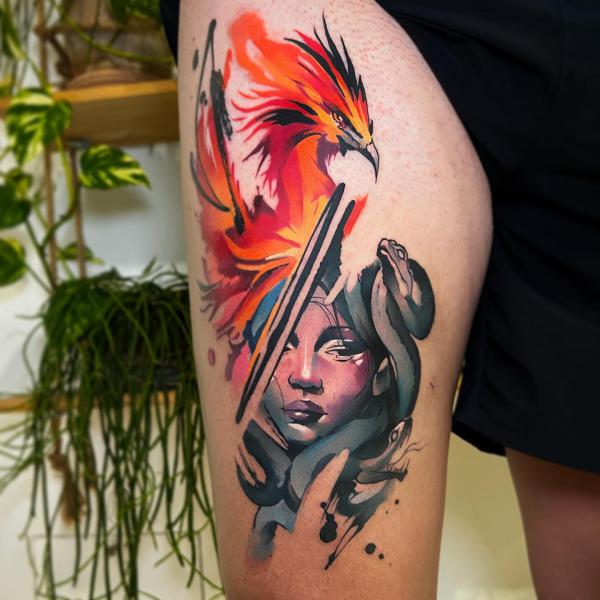 Watercolor Medusa and phoenix tattoo