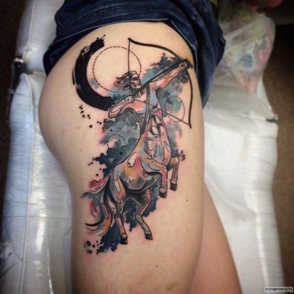 Watercolor Sagittarius warrior archer thigh tattoo