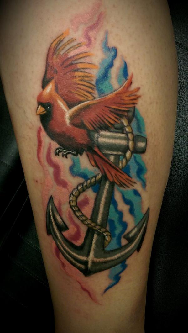 Watercolor cardinal and anchor tattoo