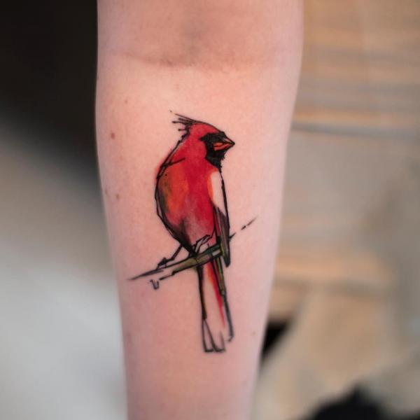 Watercolor cardinal inner forearm tattoo