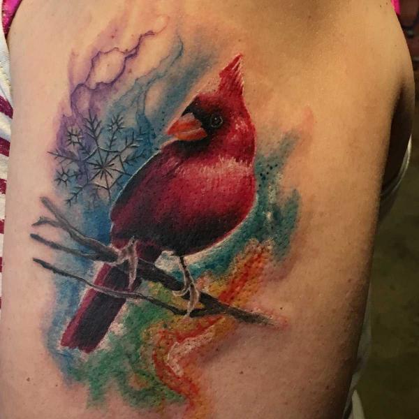 Watercolor cardinal with snowflake tattoo