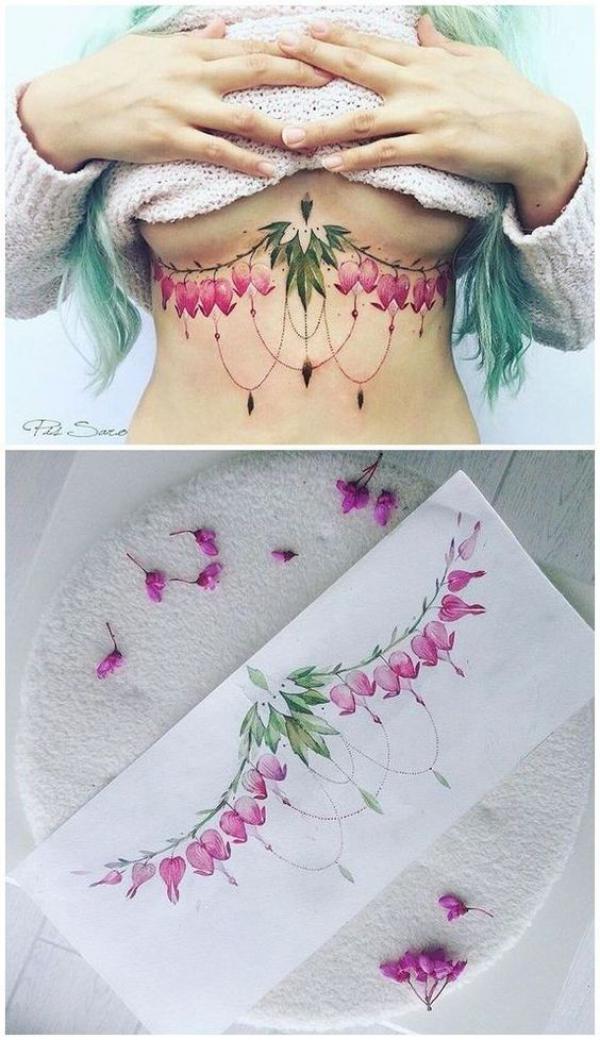 Watercolor flowers sternum tattoo