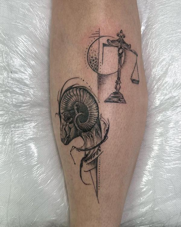 Zodiac Aries and Libra forearm tattoo