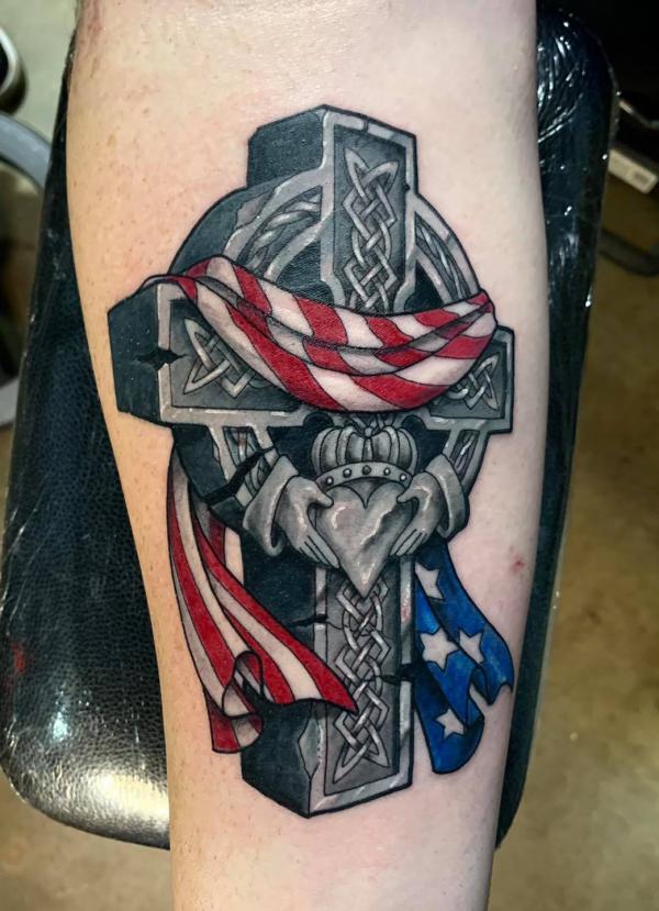 celtic cross with American flag tattoo