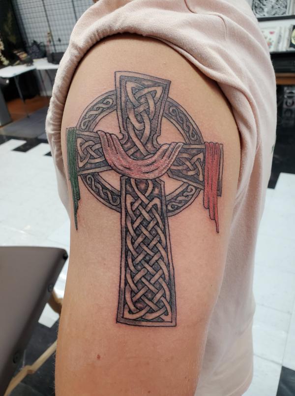 celtic cross with Irish flag tattoo upper arm tattoo