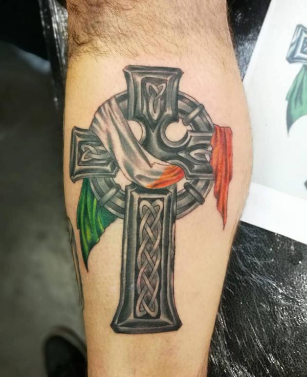 celtic cross with Irish flag tattoo