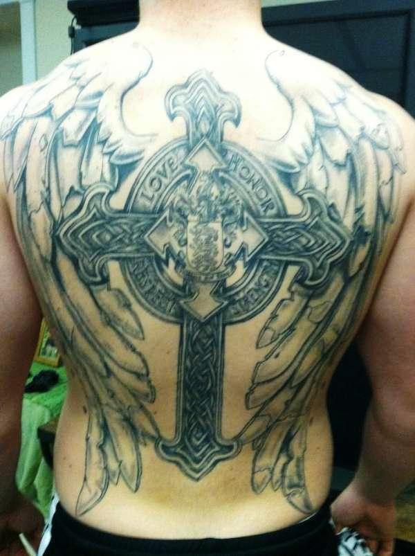 celtic cross with angel wings back tattoo