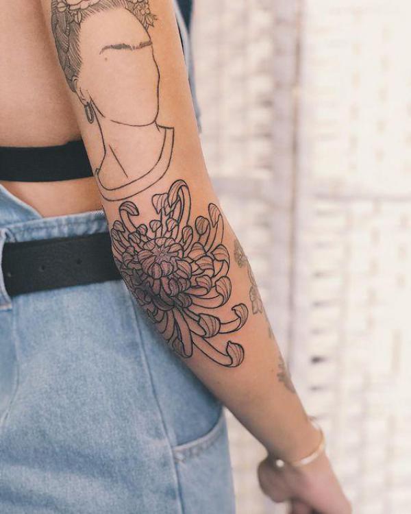 chrysanthemum elbow line work tattoo