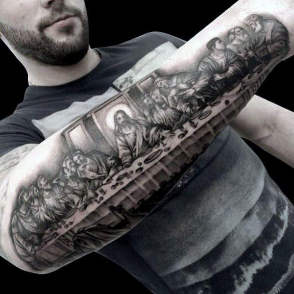 last supper catholic mens outer forearm tattoo