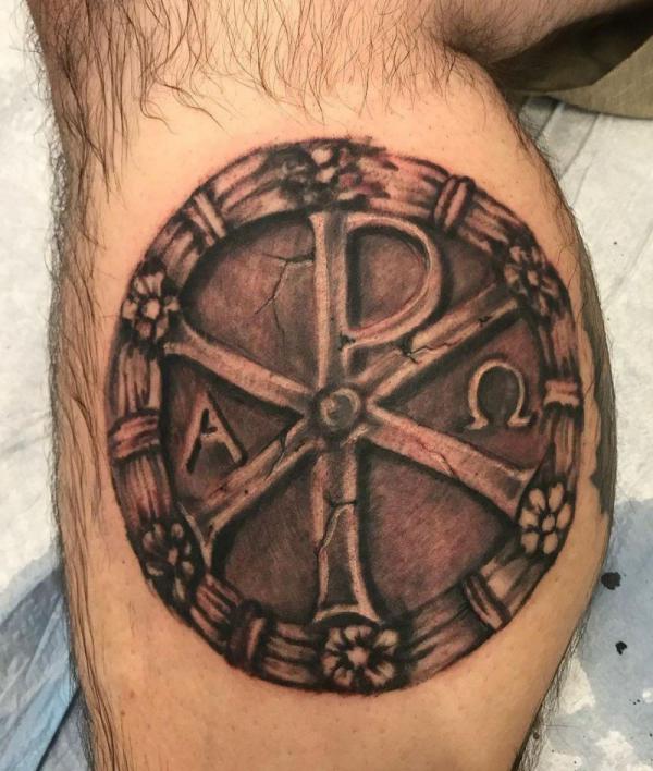 3D Chi Rho calf tattoo