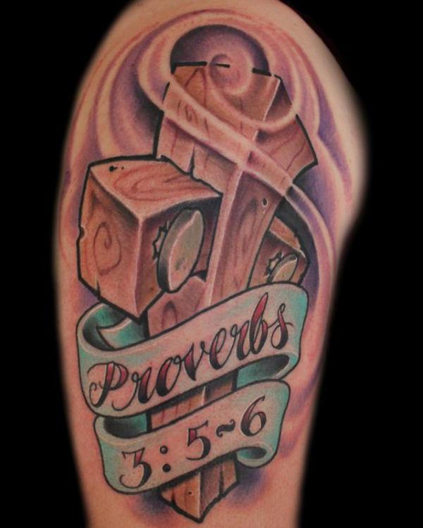 3D cross wrapped with Proverbs 3 5 6 ribbon half sleeve tattoo
