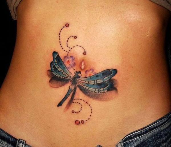 3D dragonfly stomach tattoo