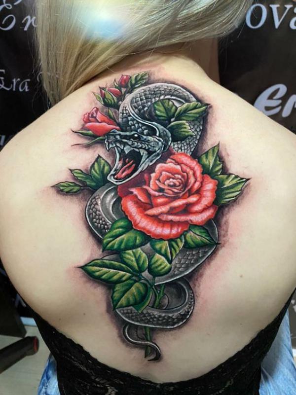 3D snake and rose back tattoo