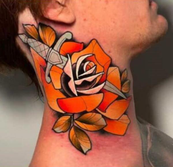 A dagger through rose neck tattoo