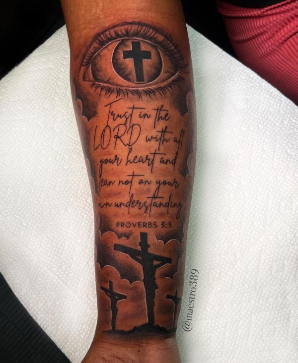 All seeing eye Proverbs 3 5 with crucifixion tattoo