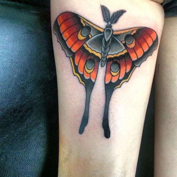 American traditional luna moth thigh tattoo